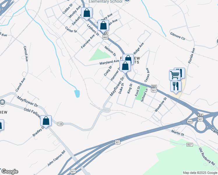 map of restaurants, bars, coffee shops, grocery stores, and more near 2214 Hanover St in Lynchburg