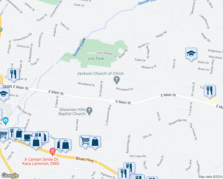 map of restaurants, bars, coffee shops, grocery stores, and more near 205 South Shawnee Boulevard in Jackson