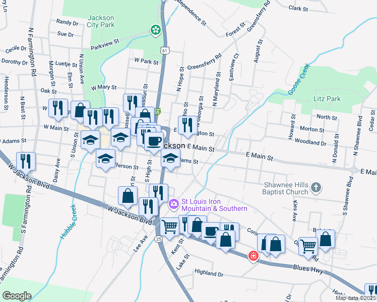 map of restaurants, bars, coffee shops, grocery stores, and more near 108 South Georgia Street in Jackson