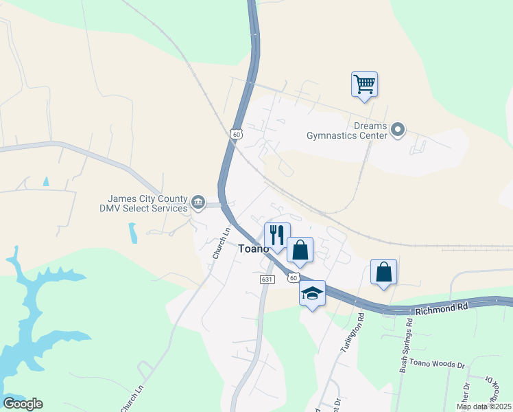 map of restaurants, bars, coffee shops, grocery stores, and more near 110 Depot Street in Toano