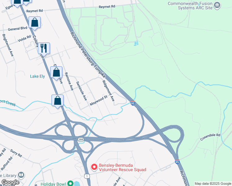 map of restaurants, bars, coffee shops, grocery stores, and more near 2041 Maywood Street in Richmond