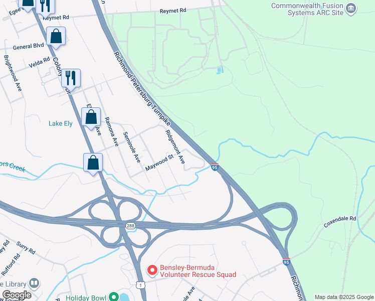 map of restaurants, bars, coffee shops, grocery stores, and more near 2041 Maywood Street in Richmond
