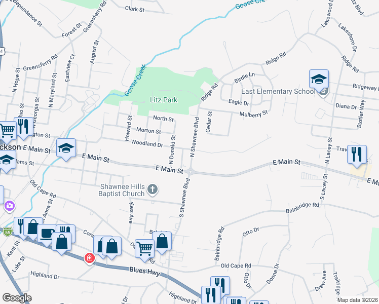 map of restaurants, bars, coffee shops, grocery stores, and more near 1445 Woodland Drive in Jackson