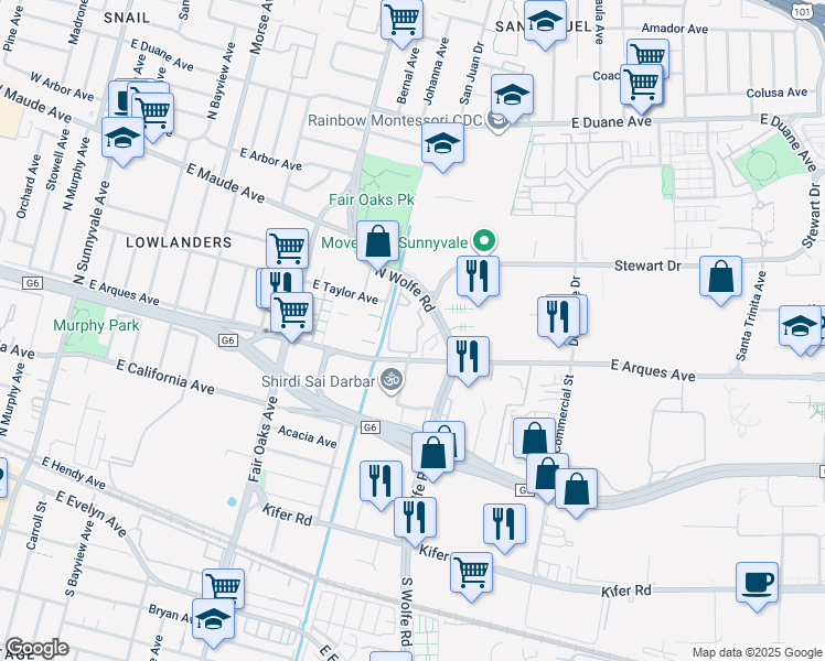 map of restaurants, bars, coffee shops, grocery stores, and more near 355 North Wolfe Road in Sunnyvale