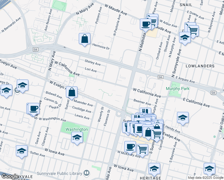 map of restaurants, bars, coffee shops, grocery stores, and more near 600 West California Avenue in Sunnyvale