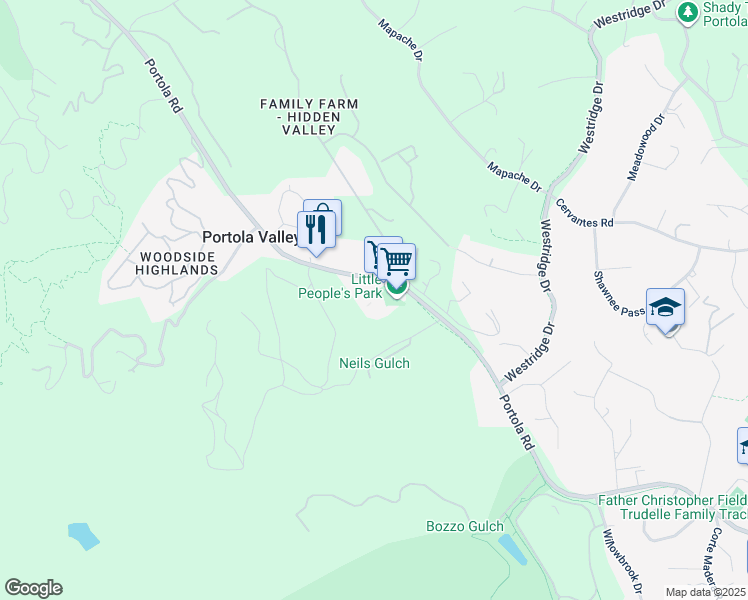 map of restaurants, bars, coffee shops, grocery stores, and more near 765 Portola Road in Portola Valley
