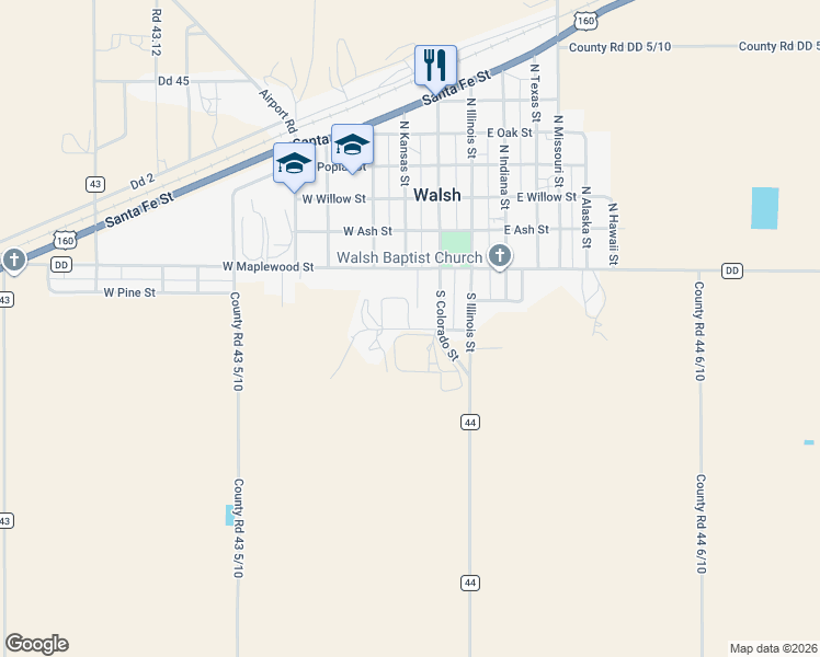 map of restaurants, bars, coffee shops, grocery stores, and more near 201 South Kansas Street in Walsh