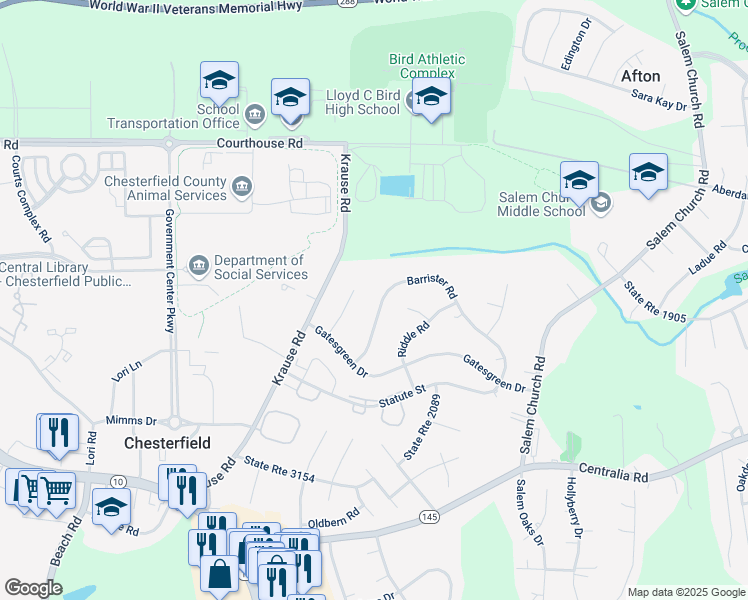 map of restaurants, bars, coffee shops, grocery stores, and more near 6304 Barrister Road in Chesterfield