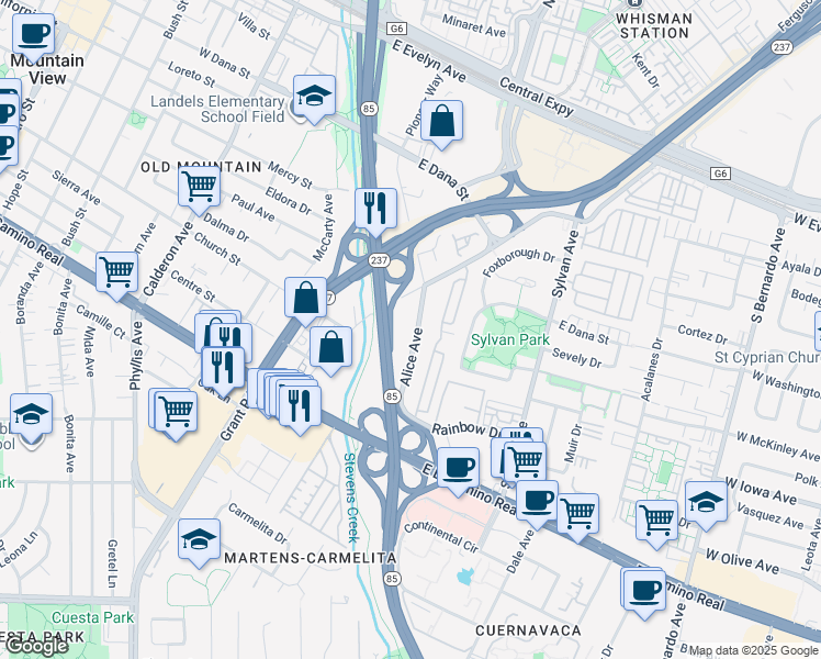 map of restaurants, bars, coffee shops, grocery stores, and more near 768 Alice Avenue in Mountain View