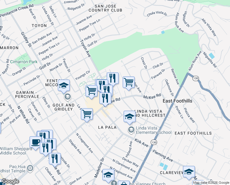 map of restaurants, bars, coffee shops, grocery stores, and more near 448 Toyon Avenue in San Jose