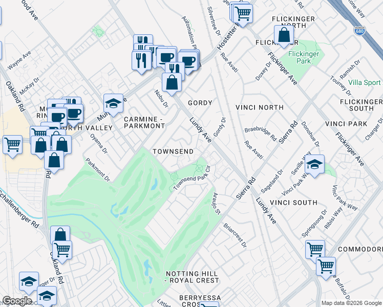 map of restaurants, bars, coffee shops, grocery stores, and more near 1554 Meadow Ridge Circle in San Jose
