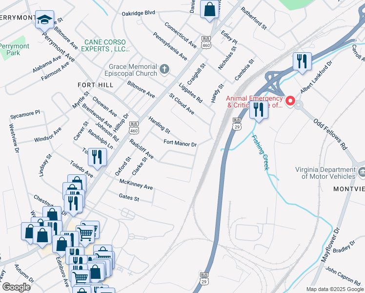 map of restaurants, bars, coffee shops, grocery stores, and more near 1401 Fort Manor Drive in Lynchburg