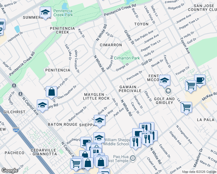 map of restaurants, bars, coffee shops, grocery stores, and more near 662 Kirk Glen Drive in San Jose