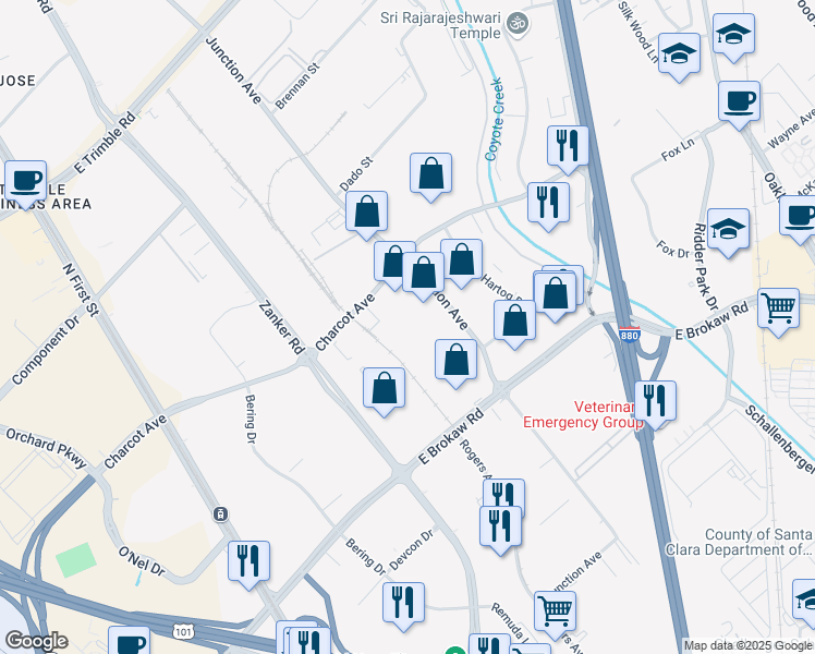 map of restaurants, bars, coffee shops, grocery stores, and more near 2055 Junction Avenue in San Jose
