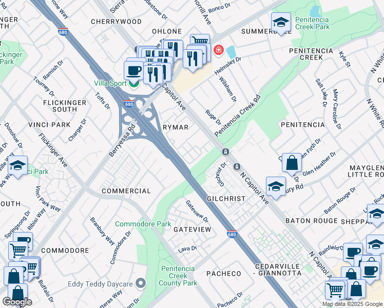 map of restaurants, bars, coffee shops, grocery stores, and more near 2515 Riparian Court in San Jose