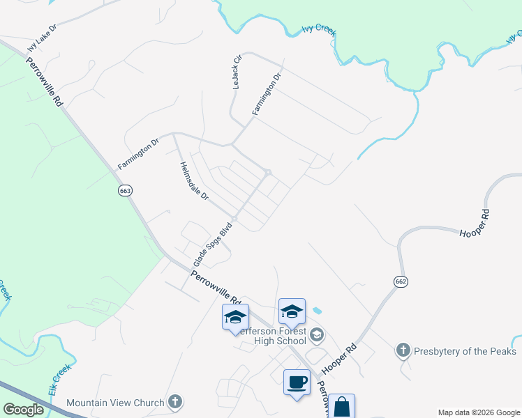 map of restaurants, bars, coffee shops, grocery stores, and more near 1074 Cobblestone Lane in Forest