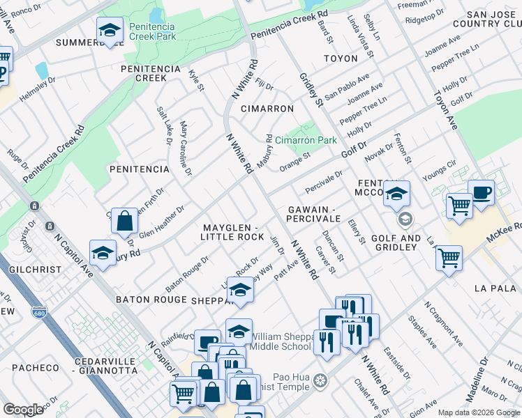 map of restaurants, bars, coffee shops, grocery stores, and more near 662 Kirk Glen Drive in San Jose