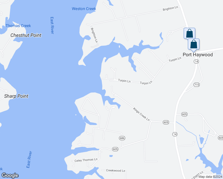 map of restaurants, bars, coffee shops, grocery stores, and more near 407 Kings Creek Lane in Port Haywood