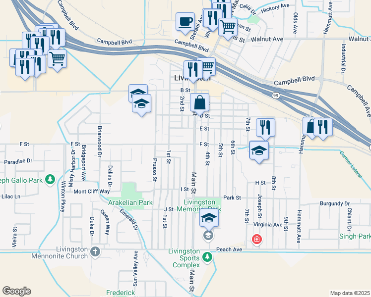map of restaurants, bars, coffee shops, grocery stores, and more near 1301 G Street in Livingston