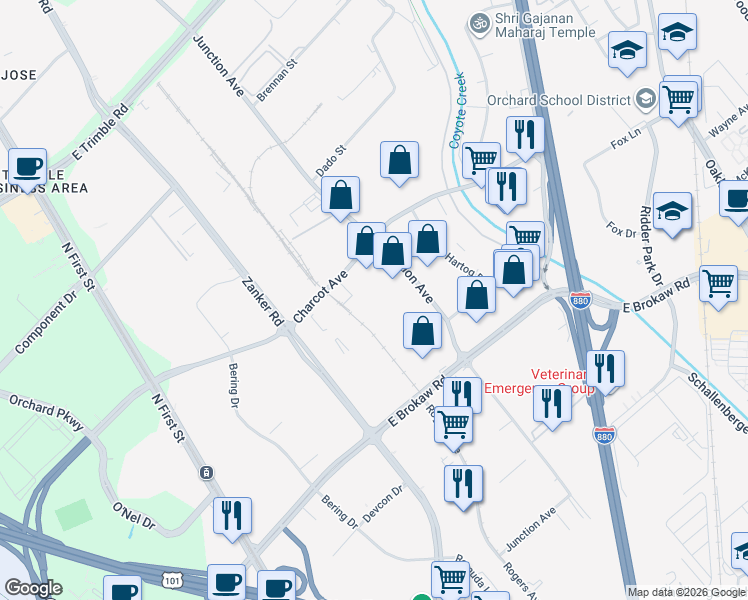 map of restaurants, bars, coffee shops, grocery stores, and more near 2055 Junction Avenue in San Jose