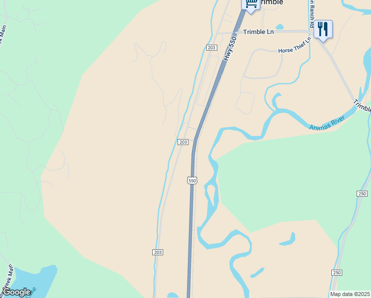 map of restaurants, bars, coffee shops, grocery stores, and more near 5802 County Road 203 in Durango