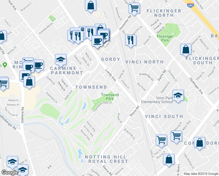 map of restaurants, bars, coffee shops, grocery stores, and more near 1412 Rocklin Court in San Jose