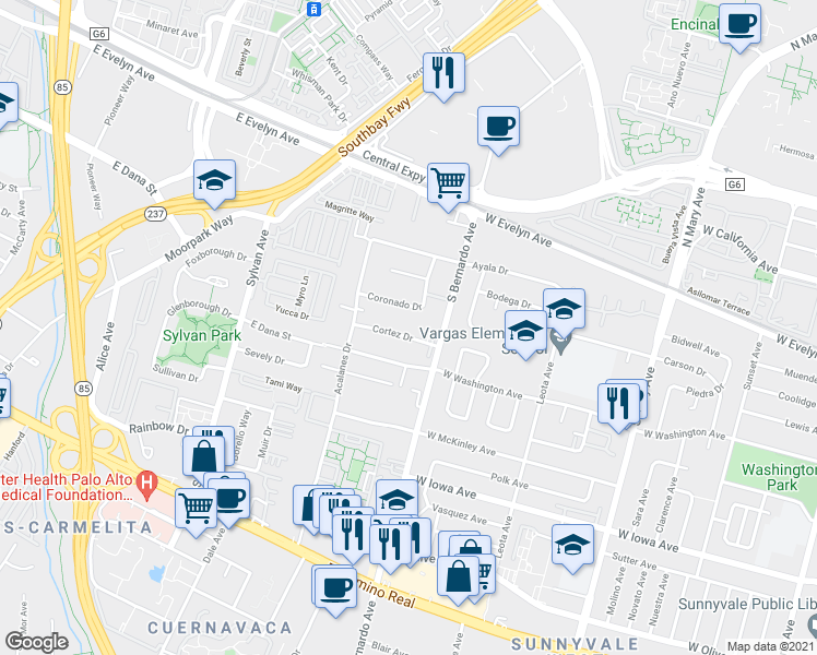 map of restaurants, bars, coffee shops, grocery stores, and more near 1228 Cortez Drive in Sunnyvale