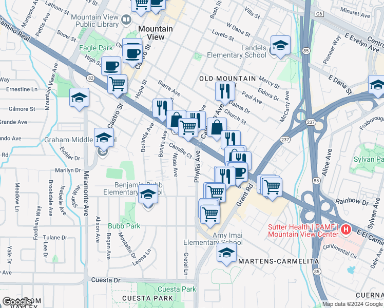 map of restaurants, bars, coffee shops, grocery stores, and more near 1113 Phyllis Avenue in Mountain View