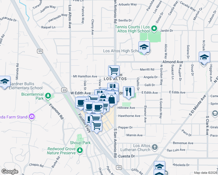 map of restaurants, bars, coffee shops, grocery stores, and more near in Los Altos