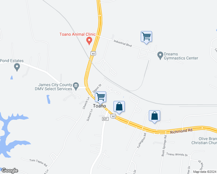 map of restaurants, bars, coffee shops, grocery stores, and more near 7901 Lynn Circle in Toano