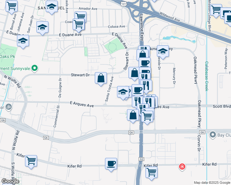 map of restaurants, bars, coffee shops, grocery stores, and more near 384 Santa Trinita Avenue in Sunnyvale