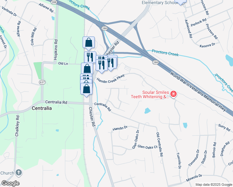 map of restaurants, bars, coffee shops, grocery stores, and more near 4031 Hilltop Field Drive in Chester