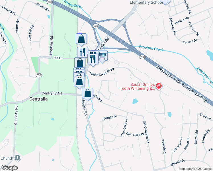 map of restaurants, bars, coffee shops, grocery stores, and more near 4031 Hilltop Field Drive in Chester