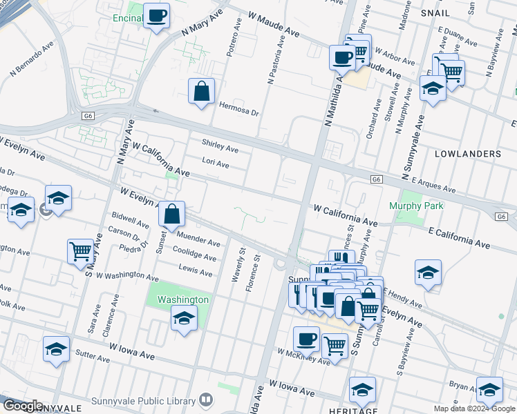 map of restaurants, bars, coffee shops, grocery stores, and more near 600 West California Avenue in Sunnyvale