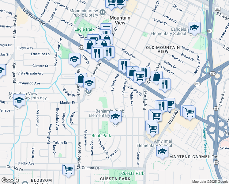map of restaurants, bars, coffee shops, grocery stores, and more near 1051 Boranda Avenue in Mountain View