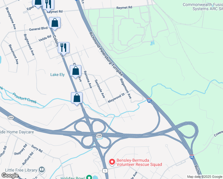 map of restaurants, bars, coffee shops, grocery stores, and more near 10529 Buena Vista Boulevard in Richmond