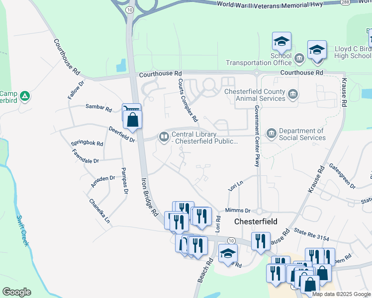 map of restaurants, bars, coffee shops, grocery stores, and more near 7114 Stonington Court in Chesterfield