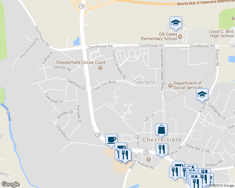 map of restaurants, bars, coffee shops, grocery stores, and more near 7114 Stonington Court in Chesterfield