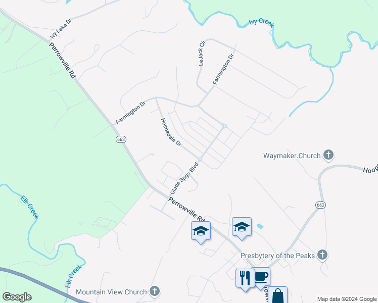 map of restaurants, bars, coffee shops, grocery stores, and more near Helmsdale Drive in Forest