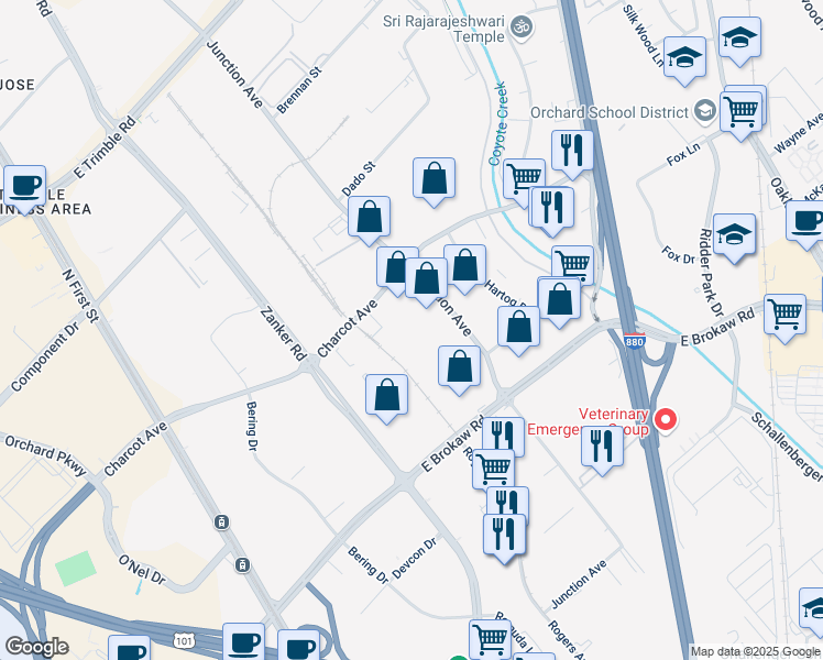 map of restaurants, bars, coffee shops, grocery stores, and more near 2055 Junction Avenue in San Jose