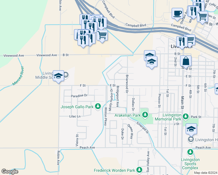 map of restaurants, bars, coffee shops, grocery stores, and more near 901 Misty Harbor Drive in Livingston