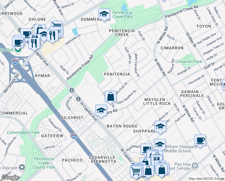 map of restaurants, bars, coffee shops, grocery stores, and more near 2778 Glen Firth Drive in San Jose