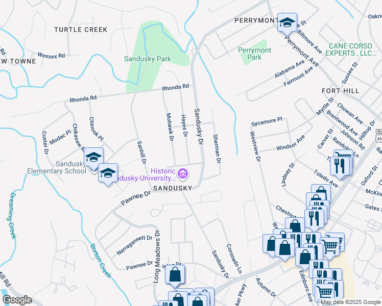 map of restaurants, bars, coffee shops, grocery stores, and more near 724 Hayes Drive in Lynchburg