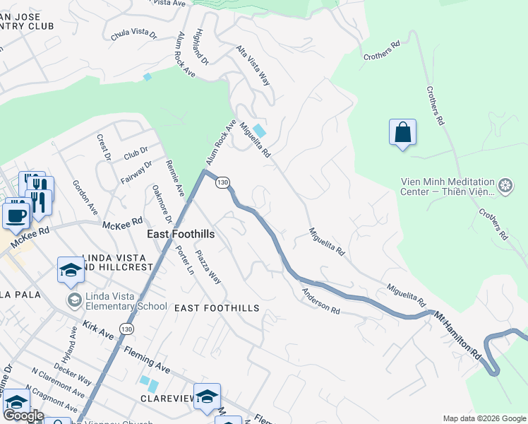 map of restaurants, bars, coffee shops, grocery stores, and more near 11280 Mount Hamilton Road in San Jose
