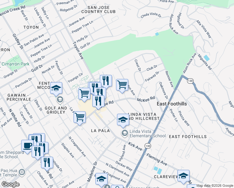 map of restaurants, bars, coffee shops, grocery stores, and more near 5299 McKee Road in San Jose