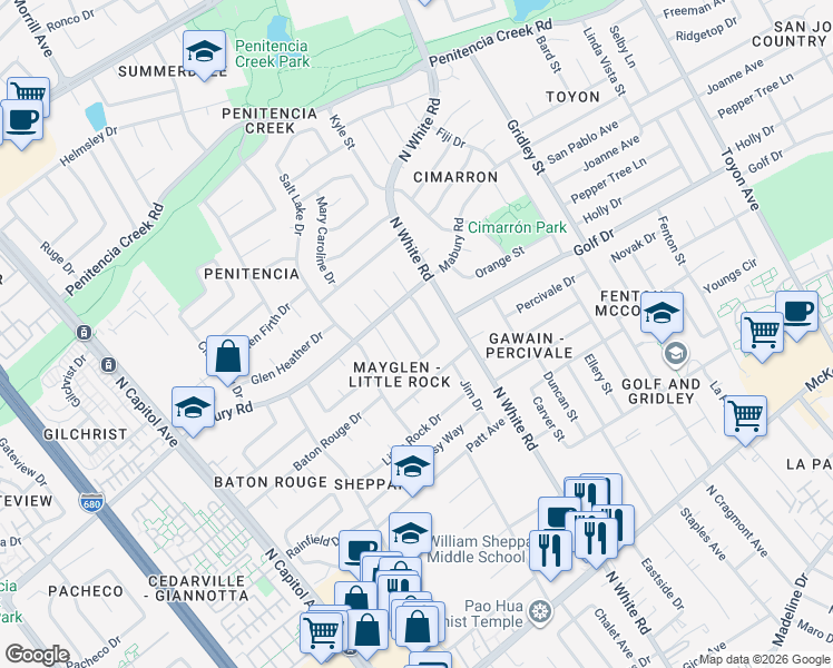 map of restaurants, bars, coffee shops, grocery stores, and more near 674 High Glen Drive in San Jose