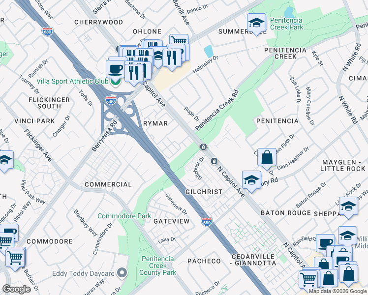map of restaurants, bars, coffee shops, grocery stores, and more near 859 North Capitol Avenue in San Jose