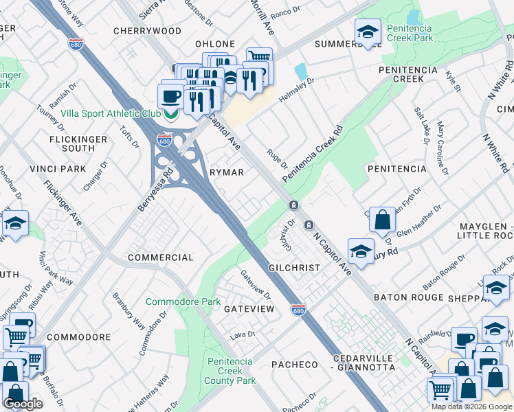 map of restaurants, bars, coffee shops, grocery stores, and more near 2515 Riparian Court in San Jose