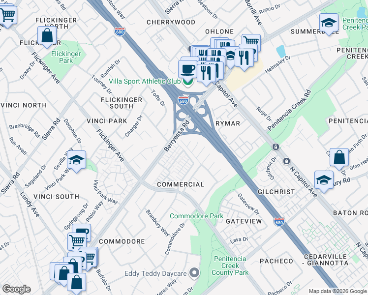 map of restaurants, bars, coffee shops, grocery stores, and more near 1032 Ivy Glen Drive in San Jose