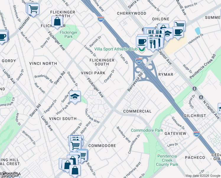 map of restaurants, bars, coffee shops, grocery stores, and more near 1145 Jonesport Court in San Jose